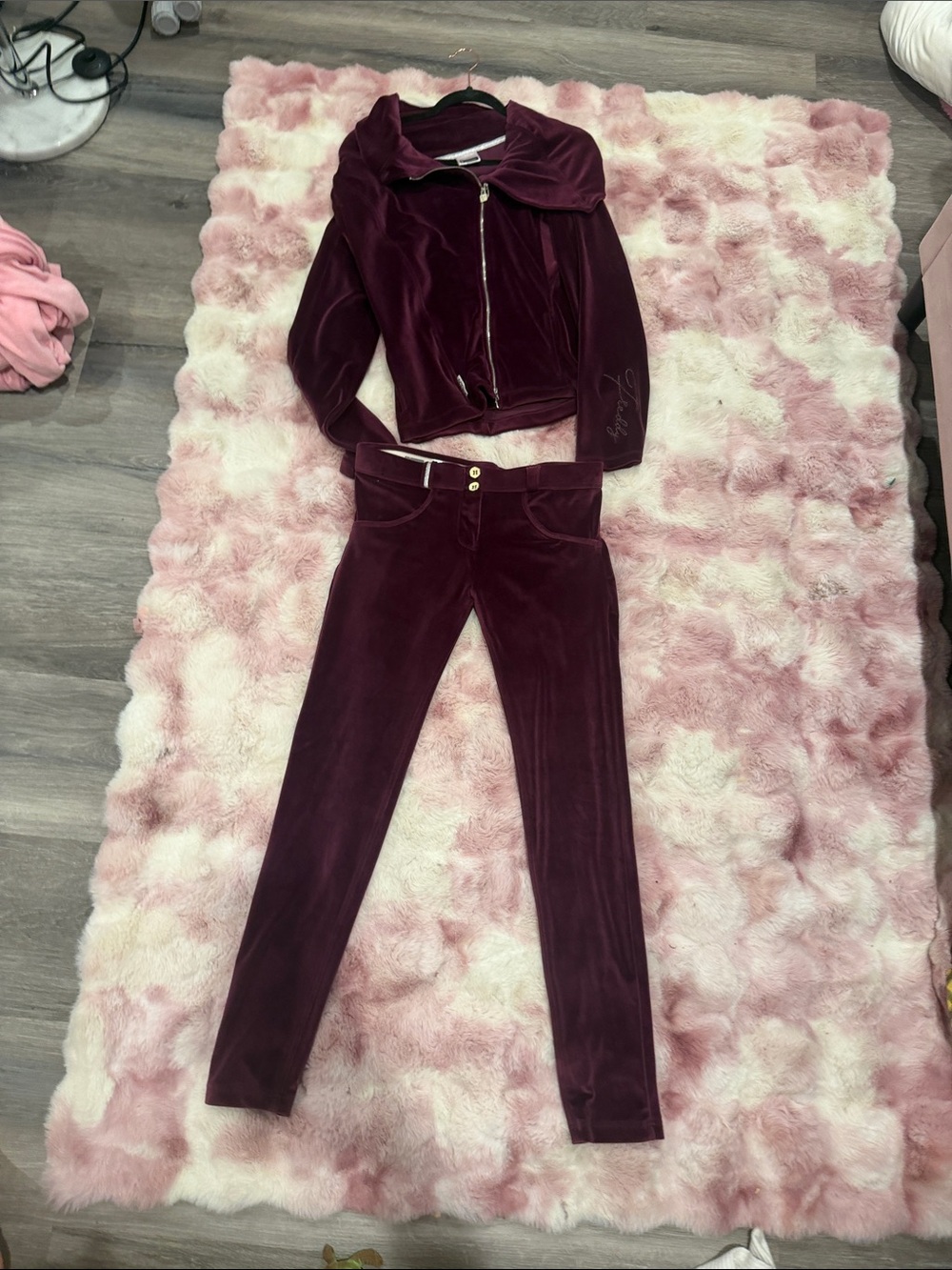 Velour Zip Jacket & Skinny Pants Set - Burgundy